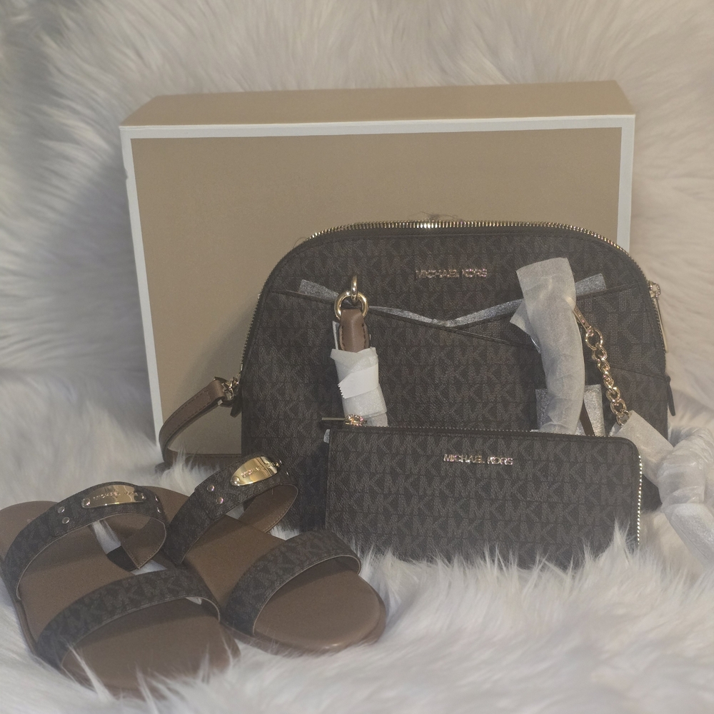 Michael Kors Brown Monogram Bag and Sandals Set
